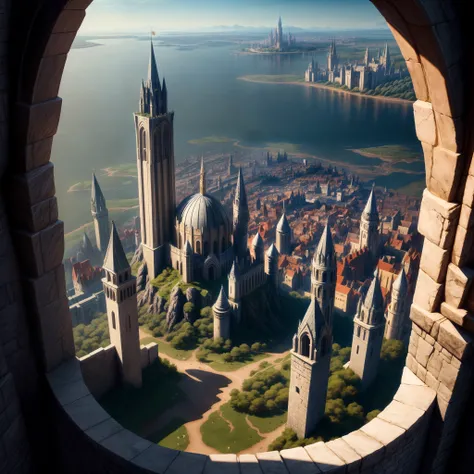 wide - angle shot， overlooking，A giant fantasy medieval city in the distance ，Detailed and complex background， ultra realistic, high resolution, hyper HD,, reflective light， structurally correct, Award-Awarded, high detail, lighten shade contrast, cinemati...