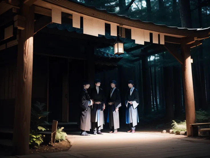 Man in black kimono in night forest々Matrix of、Overall color：Blue Dark