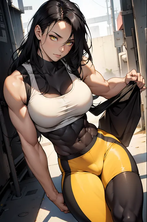 black hair, very long hair, yellow eyes, thick thighs, large breasts, (muscular), pale skin, leggings, tank top