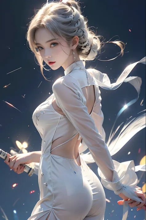 realisticlying, A high resolution, 1 rapariga, White color hair, korean people, eBlue eyes, The transparent cheongsam is flying，Sheer tight-fitting garments，Beads of sweat dripped down the buttocks，Large chest，Wide buttock， your ass，Butt visible，Visible on...