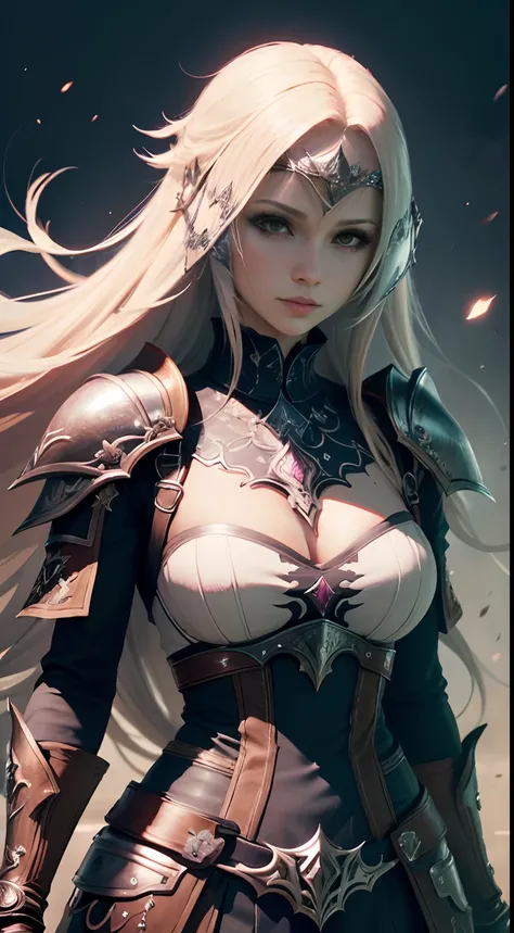 (((estilo de jogo final fantasy))), personagem feminina, illustration detailed, long, flowing hair, armadura de combate, olhos marcantes, Fantastic background, magical ambiance.