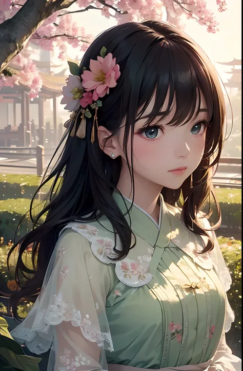 (Close-up of the painting style，Ultra HD 8K，Masterpiece grade CG wallpaper)，Cinematic lighting，cute girly，Delicate and beautiful face，Dreamy pupils，Wearing a small floral blouse，bound waist,Green shawl,Bust poem,Sit，Cloudy background,the trees,florals,夏天,C...