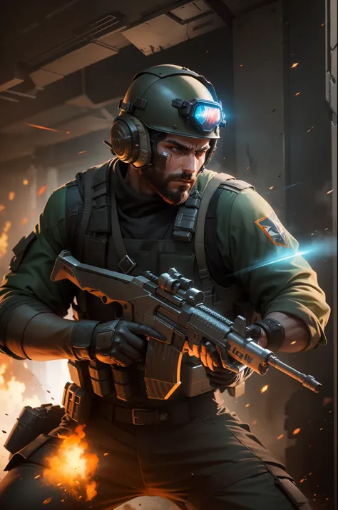 "Uncanny counter strike. Create a stunning artwork with top-notch quality, showcasing a futuristic battlefield. Focus on futuristic weapons, advanced technology, intense action, and heroic characters. Include striking visual effects, dynamic lighting, and ...