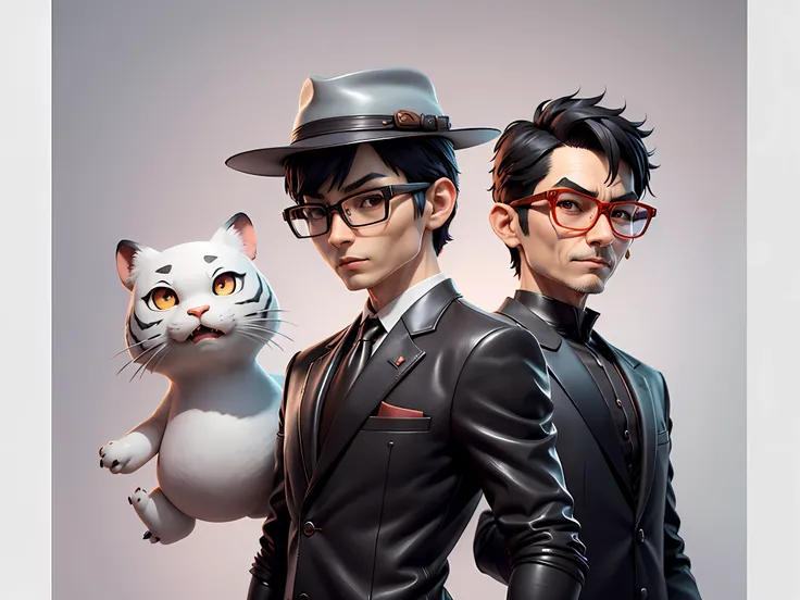 Young man with oriental face in leather hat, tiger, oriental face in formal suit, short black hair, silver glasses, digital painting, 3D character design by Mark Clairedon and Pixar and Hayao Miyazaki and Akira Toriyama, the illustration is a high-definiti...