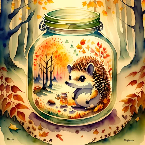 In the main plan is a hedgehog, holds a jar of honey in his paw, Very kind and dreamy, Ao fundo ((nightfall)), ((Autumn forest and fog)), which rises above the river, watercolor illustration, Tadeusz Brzozowski, whimsical art, Funny works of art