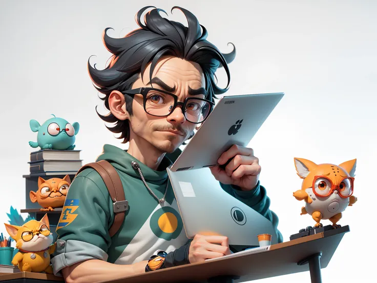 A young man with glasses sits at his desk，holding laptop，digitial painting，3D character design by Mark Clairen and Pixar and Hayao Miyazaki and Akira Toriyama，4K HD illustration，Very detailed facial features and cartoon-style visuals。