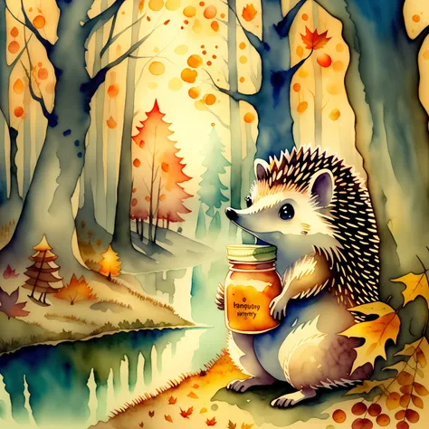 In the main plan is a hedgehog, holds a jar of honey in his paw, Very kind and dreamy, Ao fundo ((nightfall)), ((Autumn forest and fog)), which rises above the river, watercolor illustration, Tadeusz Brzozowski, whimsical art, Funny works of art