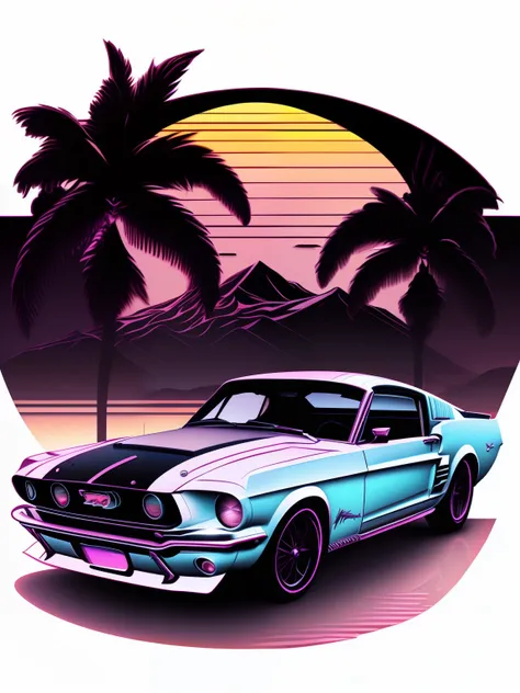 ford mustang before sunset, vaporwave style, neon style, soft lines, vector sticker art, vector kernel, intricate detailes, whit...