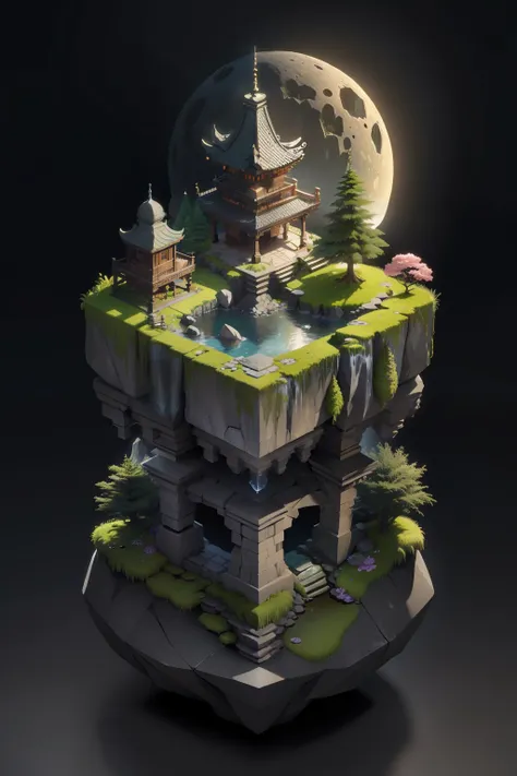 [(black background:1.5),::5], (isometric 3d art of floating rock citadel), (moon:0.95),  cobblestone, flowers, verdant, stone, moss, fish pool, (waterfall:1.2), idyllic, japanese structure