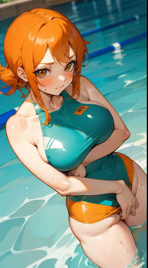 Nami, nami one piece, athletic body,2d, anime girl, a little chubby and curvy, orange hair, brown eyes, big breast, big ass, wearing revealing swimsuit, boobs pooping out of swim suit, blushing, looking down at the viewer, detailed brown eyes and long oran...