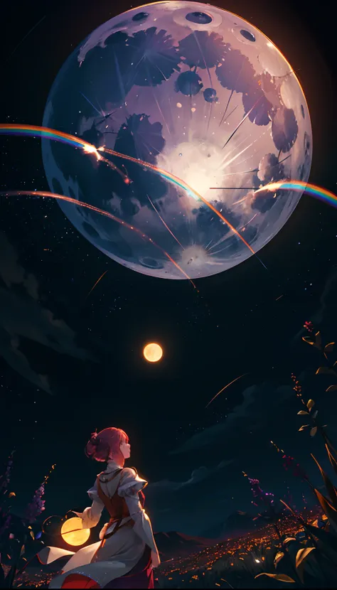 Vast landscape photo, (viewed from below, the sky is above and the open field is below), a girl standing on a flower field looking up, (full moon: 1.2), (meteor: 0.9), (nebula: 1.3), distant mountains , Trees BREAK Crafting Art, (Warm Light: 1.2), (Firefli...