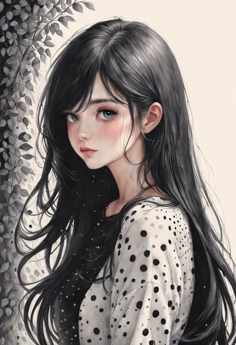 Beautiful girl with long black hair::style Pointillism style、pencil painting、Completely made up of small things、Dots with shades of black、Highly detailed ::n_style Illustration、Photorealsitic、glitched、highcontrast、Beautiful fece ::seed 5678