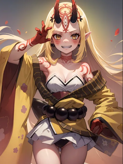 masterpiece, best quality,1girl,solo, ibaraki_douji , yellow kimono,cleavage, very long hair, japanese clothes, wide sleeves, off shoulder, floral print, beads, sash,grin,sharp teeth