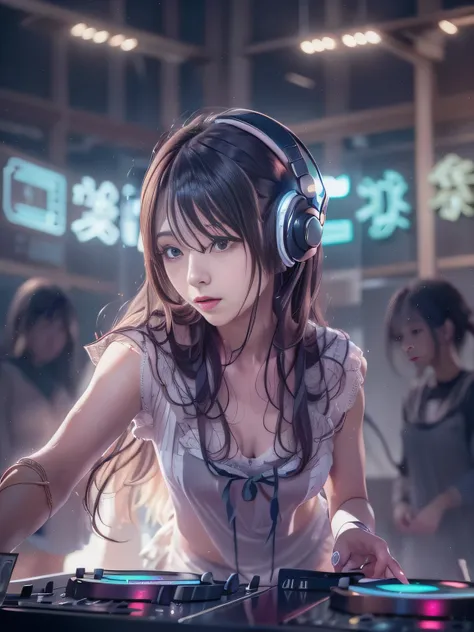 Alafed woman in DJ venue wearing headphones, ((A look tinged with joy，Ephemeral woman))，nightcore, With headphones, Kantai Collection Style, Soft lighting, with head phones, DJ female, anime moe art style，I am a DJ，((They are very focused:1.5)),small tits，...