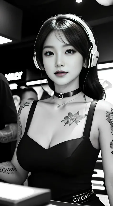 best qualtiy，tmasterpiece，超高分辨率，(fidelity:1.4)，(B&W:1.3)，professinal，photography of，1个Giant Breast Girl，Dee bar，Girl wearing headphones，DJ in the bar，Upper body，A female DJ，Look at the crowd，DJ, DJ booth，DJ Player，stage lighting，(buzz cut:1.1)，(Tattooed wi...