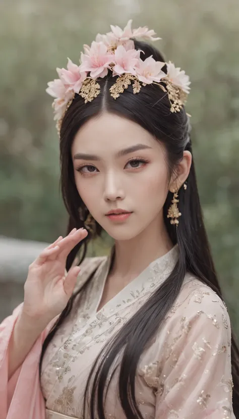 32K（tmasterpiece，k hd，hyper HD，32K）Long flowing black hair，ponds，zydink， a color， Xuzhou people （seductiv）， （Transparent tulle）， Mahjong gestures， looking at the ground， Maruko long hair， Floating hair， Carp pattern headdress， Chinese long-sleeved gold sil...