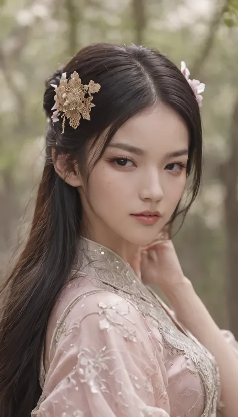 32K（tmasterpiece，k hd，hyper HD，32K）Long flowing black hair，ponds，zydink， a color， Xuzhou people （seductiv）， （Transparent tulle）， Mahjong gestures， looking at the ground， Maruko long hair， Floating hair， Carp pattern headdress， Chinese long-sleeved gold sil...