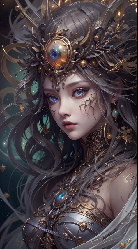 （best qualtiy，ultra - detailed，Most Best Illustration，Best Shadow，tmasterpiece，hight resolution，professionalartwork，famousartwork），Detailed eyes，beautidful eyes，closeup cleavage，sci-fy，colored sclera，Robotic eyes，face markings，tattooed，（fractalized，Fractal...