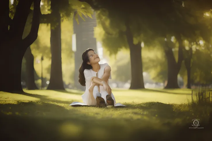 there is a beautiful girl  sitting on the grass in the park, sitting on green grass, in a park, sitting on the ground, sitting relax and happy, sitting under a tree, candid photography, sitting on one knee on the grass, she is in pure bliss, in a city park...