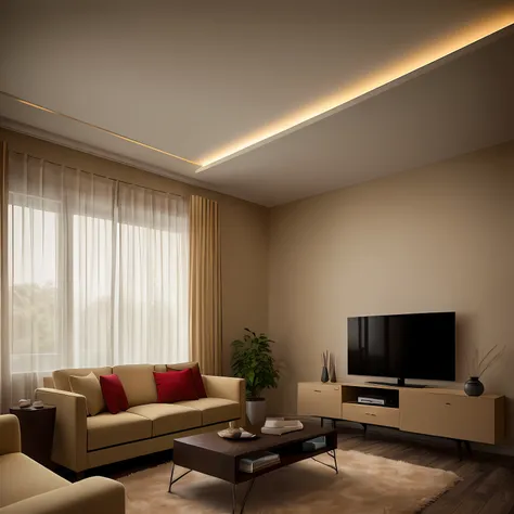 arafed living room with a couch, coffee table, and television, taken with a Sony A7R camera, neutral flat lighting, Warm ambient lighting, Silent lighting, ambient lighting from top, beige and dark atmosphere, indoor soft lighting, dark and beige atmospher...