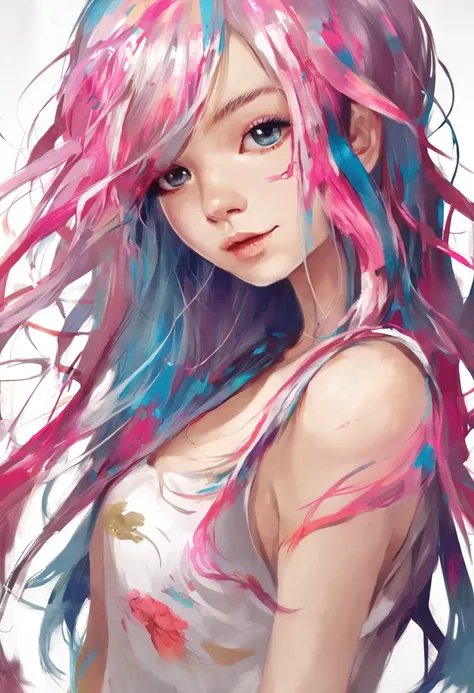 Beautiful girl with colorful hair::style Style written with paint on your fingers、Highly detailed ::n_style Photorealistic、glitched、highcontrast、high-detail ::seed 95