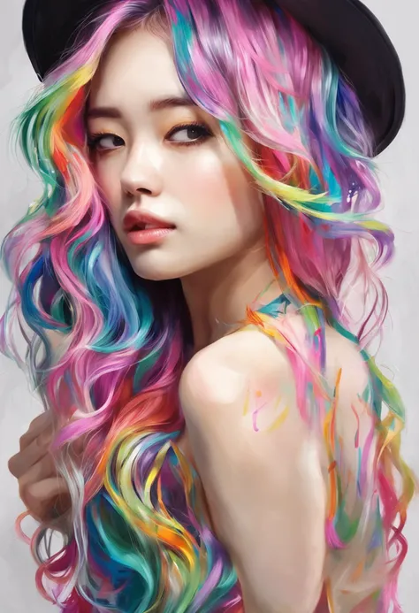 Beautiful girl with colorful hair::style Style written with paint on your fingers、Highly detailed ::n_style Photorealistic、glitched、highcontrast、high-detail ::seed 95