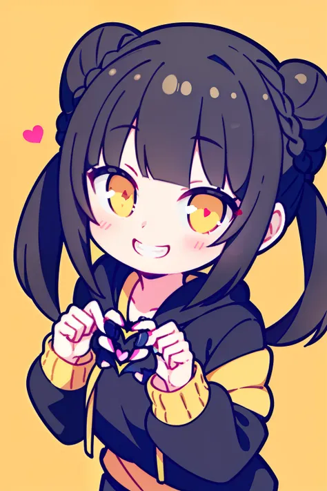 masterpiece, best quality, 1girl, solo, black hair, blunt bangs, (braided buns), ((short twintails)), yellow eyes, black hoodie, making a heart, ((big heart)), (((smiling))), leaning forward