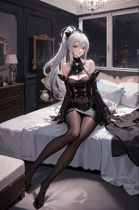 (1 girl), ray tracing, (dim lighting), (detailed background (bedroom)), ((silver hair)), ((silver hair)), (Fluffy silver hair, plump slender girl) with high ponytail, silver red eyes, in the ominous bedroom, (highly detailed eyes:1.3), (Girl wears intricat...