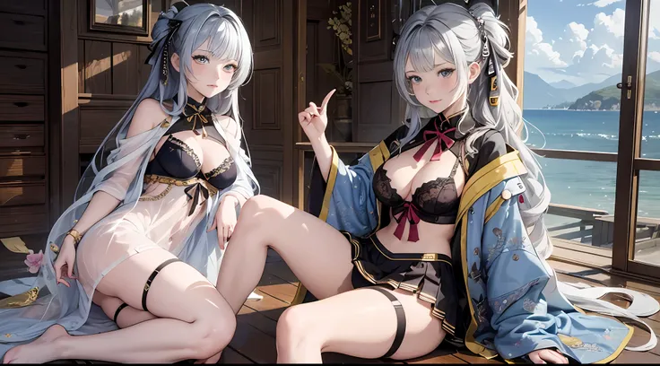 06
（Enrich the picture，Masterpiece level quality）Beautiful 8K CG artwork，Goddess-like posture，sittinng on the river，Postural exercises，Slim and soft，Translucent skin，Silvery-white hair、The beauty of extra-long hair, Super Long Straight Hair，The skin is fai...