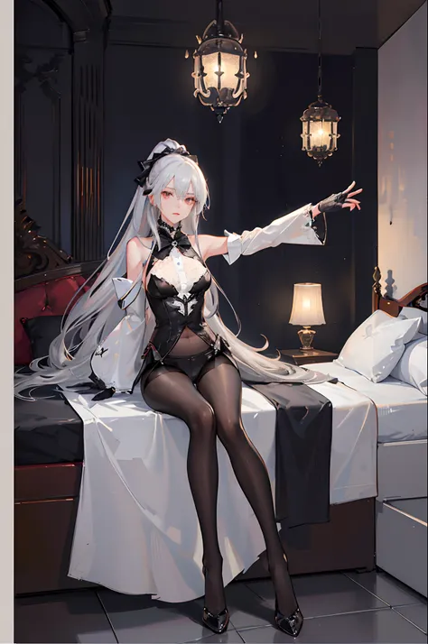 (1 girl), ray tracing, (dim lighting), (detailed background (bedroom)), ((silver hair)), ((silver hair)), (Fluffy silver hair, plump slender girl) with high ponytail, silver red eyes, in the ominous bedroom, (highly detailed eyes:1.3), (Girl wears intricat...