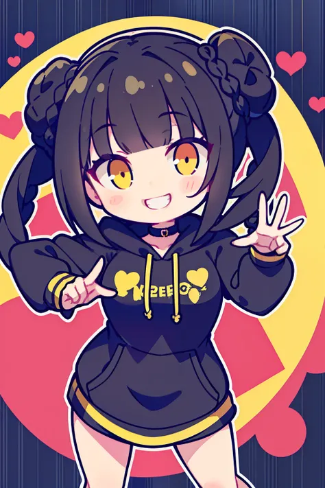 masterpiece, best quality, 1girl, solo, black hair, blunt bangs, (braided buns), ((short twintails)), yellow eyes, black hoodie, making a heart, big heart, (((smiling)))