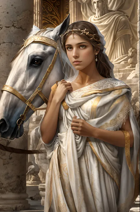 Greek girl goddess of husbandry and horses, With light brown hair, Has light brown strong-willed eyes, Wears white greek toga and veil, Is pouting, One black horse is behind, Ancient Arcadian field and mountain, Greek mythology, mysterious winter of mythic...