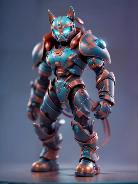 (Blind box toy style:1.3),((Full body shot))(anthropomorphism) , (1 strong dog metal warrior)(((solo))) metal armor,dreamy glow, Clean dark background,Red cyan style，(circular base）( Global illumination, Ray tracing, hdr, unreal render,reasonable design, h...