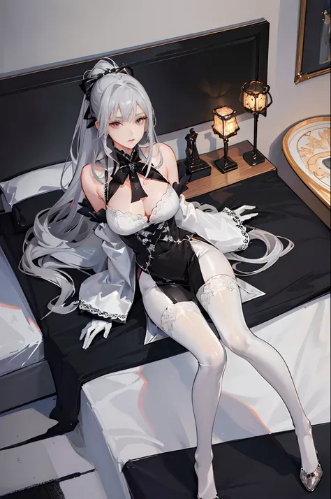 (1 girl), ray tracing, (dim lighting), (detailed background (bedroom)), ((silver hair)), ((silver hair)), (Fluffy silver hair, plump slender girl) with high ponytail, silver red eyes, in the ominous bedroom, (highly detailed eyes:1.3), (Girl wears intricat...