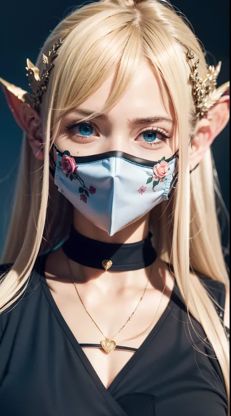 Rose-patterned masks are elaborately depicted，Delicate skin，Blue charming eyes，watered eyes，Blonde hair，elvish ears，Silvery crown，Soft light and shadow，best quality wallpaper，ultra HD picture quality。