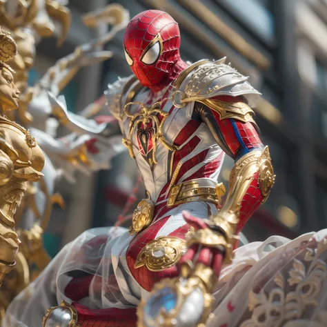 a closeup of a statue of a man with a gold and gold costume, super detailed render, 3 d render character art 8 k, intricate white and red armor, full samurai armor spiderman, iconic character of high detail, 8k render", octane render, "octane render", supe...