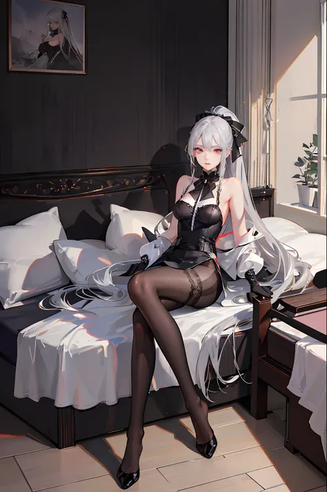 (1 girl), ray tracing, (dim lighting), (detailed background (bedroom)), ((silver hair)), ((silver hair)), (Fluffy silver hair, plump slender girl) with high ponytail, silver red eyes, in the ominous bedroom, (highly detailed eyes:1.3), (Girl wears intricat...