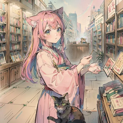 （（top-quality、​masterpiece、Take a cute cat 1.5））、bookstore、pink there（（rainbow-colored hair））、Yumekawa