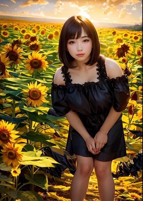 sunflower field, beautiful girl, design a passionate romantic scene, ultra detailed, masterpiece, best quality, xtremely detailed