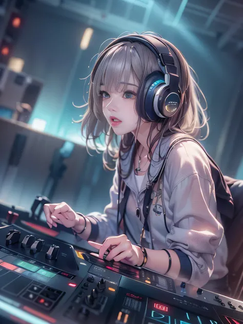 Alafed woman in DJ venue wearing headphones, ((A look tinged with joy，Ephemeral woman))，nightcore, With headphones, Kantai Collection Style, Soft lighting, with head phones, DJ female, anime moe art style，I am a DJ，((They are very focused:1.5)),small tits，...