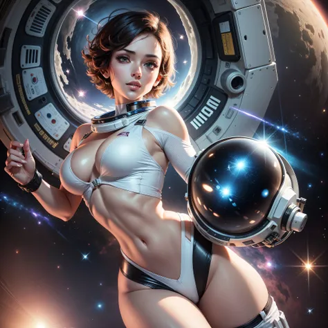 sexier, short hair, athletic body and full breasts, wearing an astronaut suit in deep space, floating in space like a Goddess.