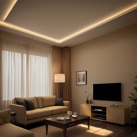 arafed living room with a couch, coffee table, and television, taken with a Sony A7R camera, neutral flat lighting, Warm ambient lighting, Silent lighting, ambient lighting from top, beige and dark atmosphere, indoor soft lighting, dark and beige atmospher...