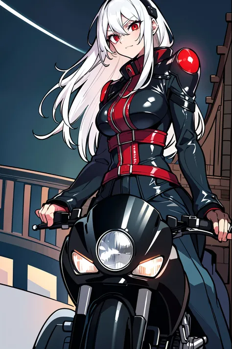 masterpiece, highlydetailed, dark, on the bridge, under the moonlight, white hair, red eyes, motorcycle rider, holding a motorcycle helmet