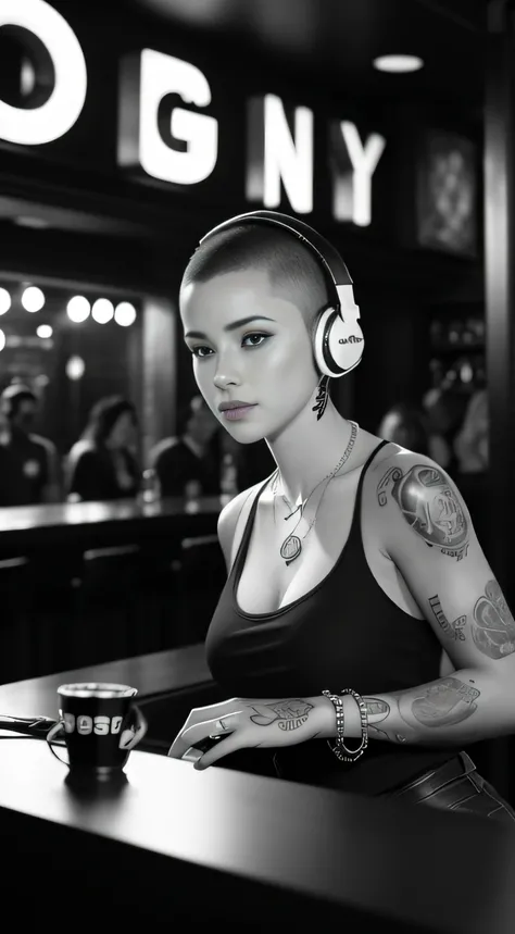 Best quality, Masterpiece, Ultra High resolution, (Fidelity :1.4), (B&W:1.3), original photo, Edge lighting, two-tone light, Professional, Photography, 1 girl, Di Bar, girl wearing headphones, DJing at the bar, DJ, DJ booth, DJ machine, (buzz cut:1.1), (Ta...