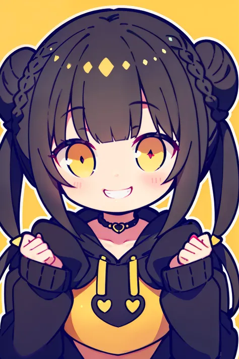 masterpiece, best quality, 1girl, solo, black hair, blunt bangs, (braided buns), ((short twintails)), yellow eyes, black hoodie, making a heart, ((big heart)), (((smiling))), leaning forward, ((with ones hands up))