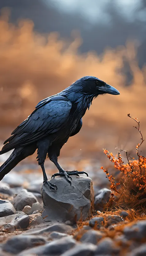 Two crows on a dead tree, A shadow shaped like a walker, Starry night, Thick fog on the ground, Blue light on the horizon, Unreal Engine 5, Cinematic, low angle photography, Motion blur, Depth of field, Dust, Cobblestones and dirt. Splash Art, dripping pai...