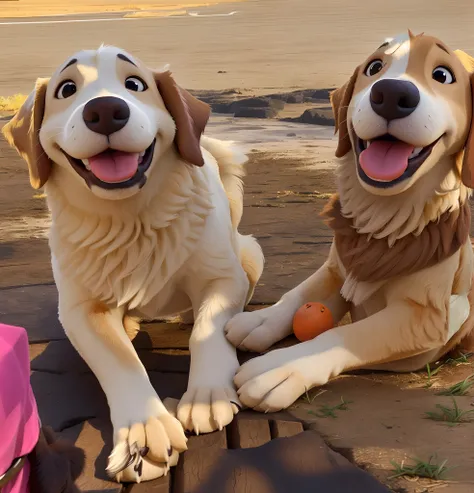 There are two dogs that are sitting on the floor with a carrot, Two dogs, both smiling for the camera, dois homens bonitos, 📷 Mungojerrie e Rumpleteazer, Retriever dourado, dogs, Divertindo-se ao sol, caras felizes, com rostos molhados!!, rostos bonitos, s...