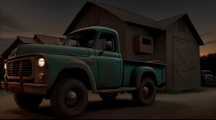 Old pickup truck with headlight on in front of the farm shed dark and sweltering night, estilo jogo de terro, Evil, 8k, maximum detailed, High