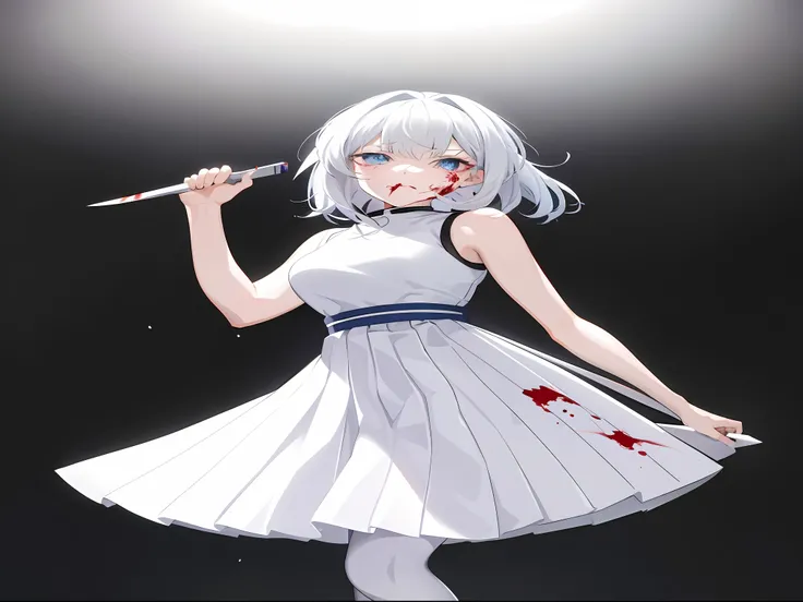 Anime girl with knife in her hand，There was blood on the skirt, gapmoe Yandere, Yandere, Yandere. Tall, clean and meticulous anime art, gapmoe Yandere grimdark, loli in dress, anime visual of a cute girl, (Anime girl), [ 4 K digital art ]!!, Guweiz in Pixi...