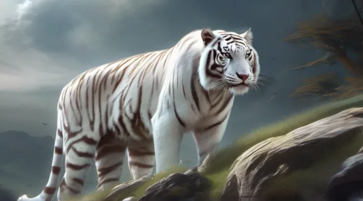 A white tiger 8K looks at the camera, And this tiger looks powerful, It looks like its going up a hill